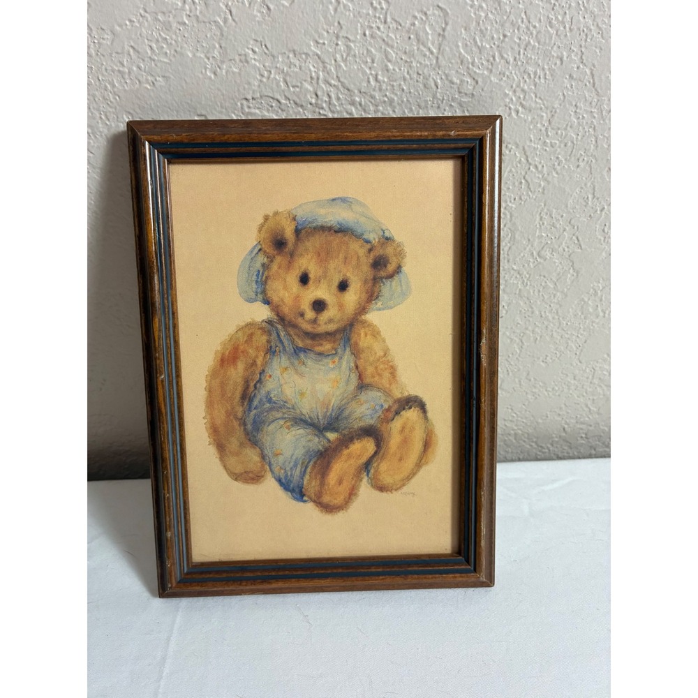 Vintage Teddy Bear Framed Nursery Print Blue Bonnet Overalls 5x7 Cottagecore